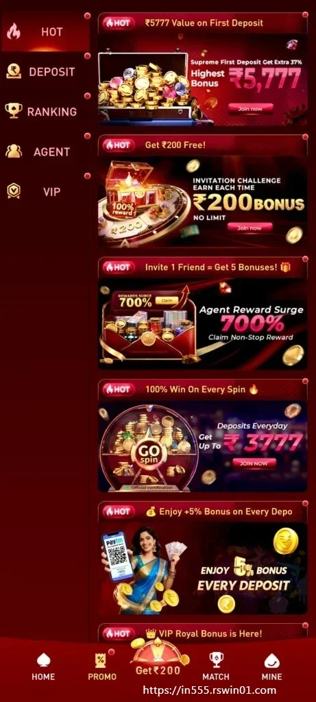 IN555 Game India mobile sections and current feature cards
